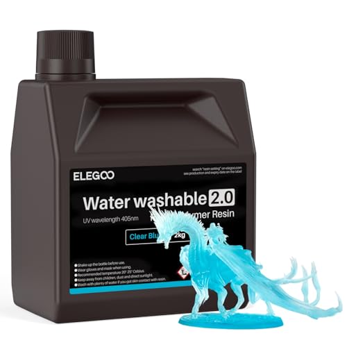 ELEGOO Water Washable 3D Printer Resin 2.0, Fast Curing Photopolymer Resin for Mars Saturn Jupiter MSLA DLP LCD 3D Printing, 385-405nm UV Curing 3D Printing Liquid, Clear Blue 2000g