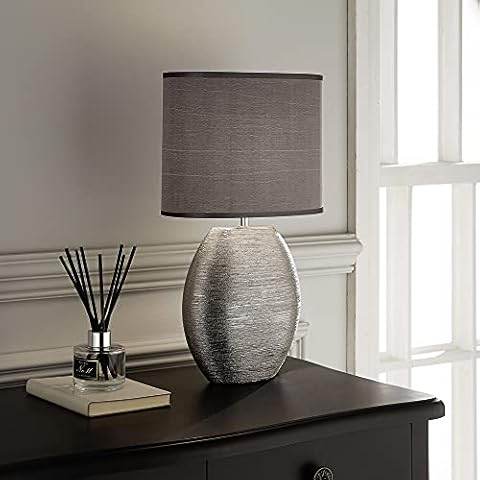 K LIVING Waltham Brushed Silver Ceramic Table Lamp Complete with Satin Shade Cover