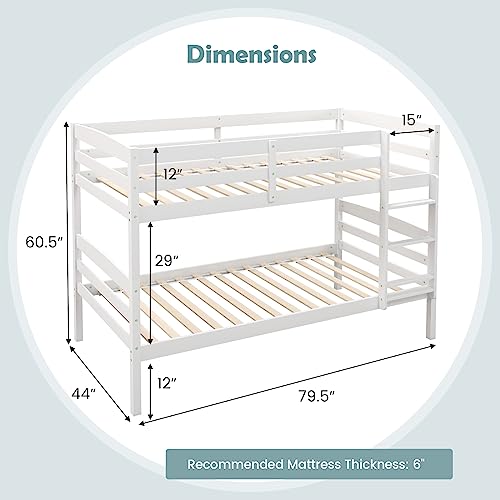 KOMFOTT Twin Over Twin Bunk Bed, Wood Bunk Bed with Full-Length Guardrail & Integrated Ladder, Space-Saving Bed Frame Mattress Foundation for Home Dorm Apartment, No Box Spring Needed
