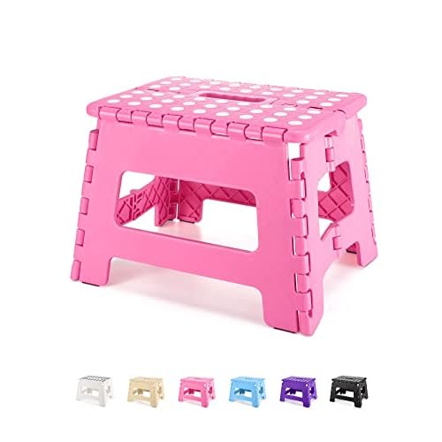 Dyforce Folding Step Stool 9 Inch, Kids Step Stool, Heavy Duty Step Stools for Adults, Compact Foot Stools, Light-Weight Toddler Step Stools for Kitchen, Bathroom, Holds Up to 300 lbs (Pink)