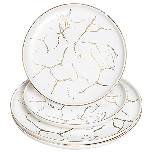 Sanyannis 4 Pack - Ceramic Dinner Plates,Nordic Style Marble Gold Inlay Dinner Plates, Microwave、Oven And Dishwasher Safe (White) #TOP2