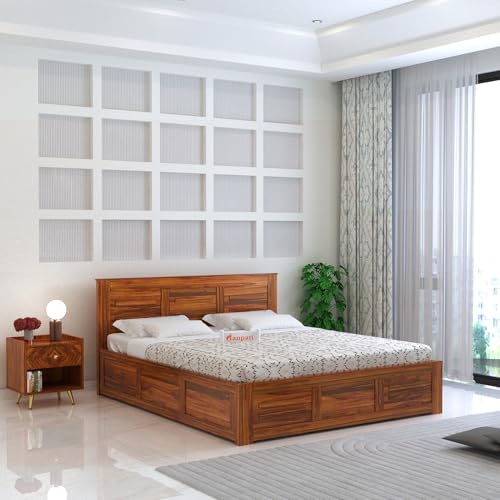 Image of Ganpati Arts Sheesham Wood Swiss King Size Bed with Box Storage | Wooden Double Bed Cot Palang Furniture for Bedroom, Living Room, Hotel, Home (Natural Finish)