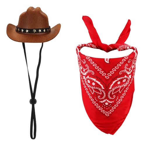 Pet Cowboy Costume, Dog Cowboy Costume Dog Cowboy Hat & Dog Bandana Scarf Dog Halloween Costumes Outfit Accessories for Small Cats Dogs Pets (Brown, Red)