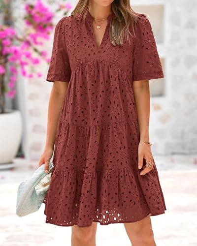 Image of BTFBM Womens Boho Summer Dresses 2026 Spring V Neck Short Sleeve Hollow Out Lace Ruffle Casual Beach Mini Vacation Dress