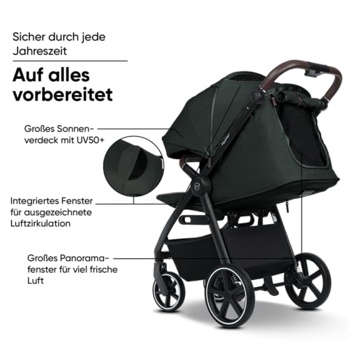 my junior® PLIA² | großer Komfortbuggy mit Luftkammerreifen, Einhand-Faltmechanismus, einstellbare Federung, XXL-Einkaufskorb & -Verdeck, Belüftung, inkl. Getränkehalter + Tragegurt (Pine Forest)