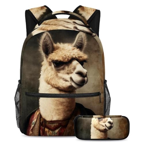 Sac à dos scolaire vintage alpaga avec trousse assortie multicolore pour ados