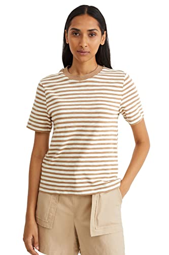C&A Damen Streifen T-Shirt Rundhalsausschnitt Kurzärmelig beige M