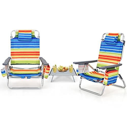 Image of Tangkula Backpack Beach Chair with Table, 5-Position Lay Flat Beach Chairs with Cooler Bag, 2 Cup Holders, Towel Bar, Lightweight Low Folding Beach Chair with Backpack Straps