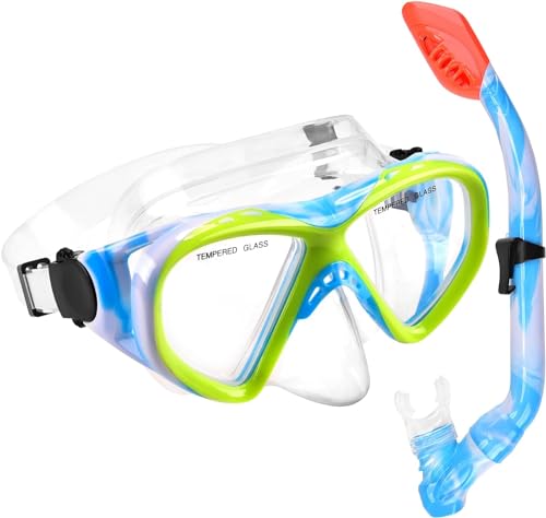 Kids Snorkel Set Anti-Fog Kids Snorkel Mask 180 Degree Panoramic View HD Diving Mask Tempered Glass Swimming Diving Mask and Snorkel Set for Kids Youth Boys Girls Junior