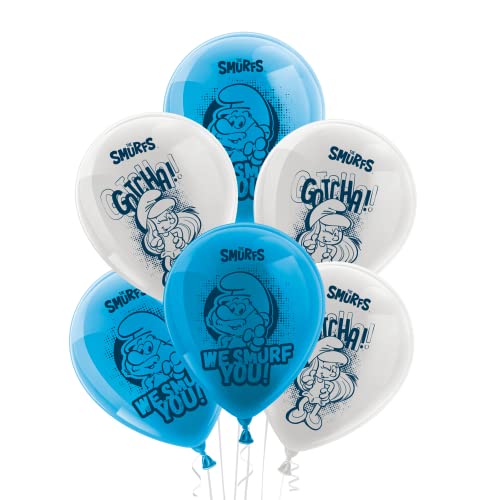 Party Factory `Smurfs' set of 10 blue and white latex balloons, 9.8 inch, different print designs, for air or helium