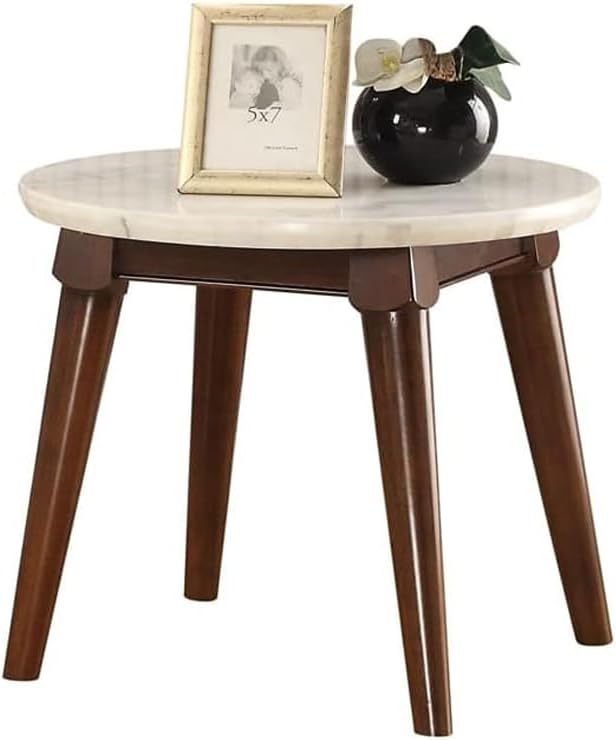 acme AC-82892 End Table, 24" Dia x 22" H, White Marble & Walnut
