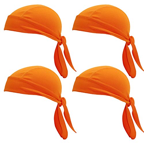 MIZOK Unisex 4 Pieces Cycling Bandana Cap Sun UV Protection Sweat Wicking Cap Hat Skull Cap Pirate Hats Orange