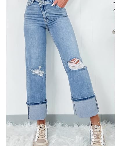 Women's Solid Color High Waisted Ripped Jeans Stretchy Rolled Hem Straight Leg Tall Jeans4