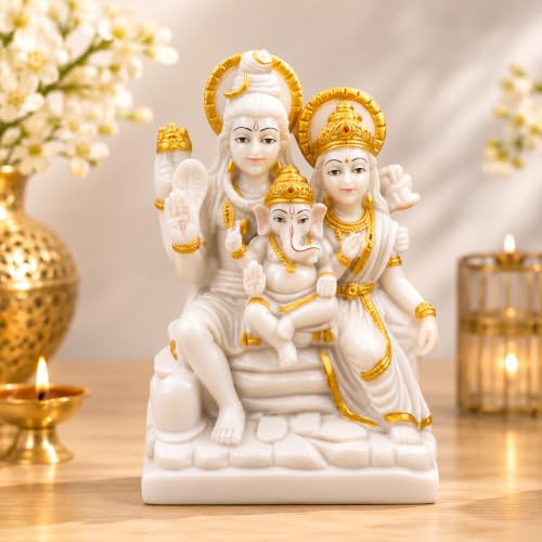 Image of Divine Shiva Parvati Ganesh Marble Look Shiv Parivar Idol for Home Mandir Pooja Office Decoration and Gifting