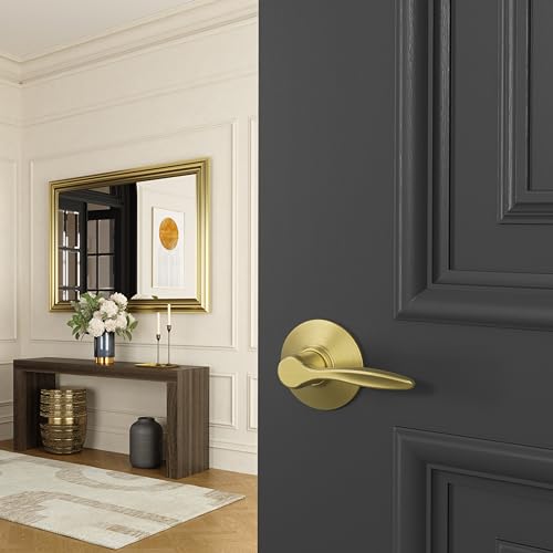 Image of Schlage Delfayo Hall /Closet Passage Door Handle, Reversible, Satin Brass | Hall or closet lever door handle with no lock, Easy to install, Certified durability, Universal fit