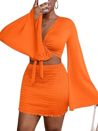 Image of LYANER Women 2 Piece Vacation Outfits Tie Knot Front Bell Long Sleeve Crop Top and Mini Skirt Summer Set