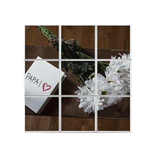 Fleurs Blanches en Céramique Décorative pour Papa - Tableau Mural Lot de 9 Carreaux 20x20 cm