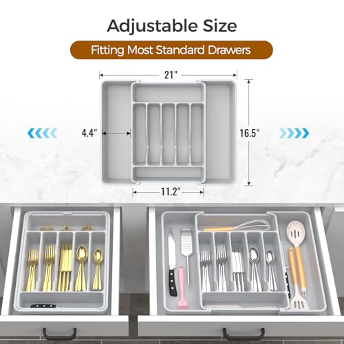 Extra Large Expandable Silverware Organizer, BPA-Free Food-Safe Cutlery Flatware Organizer, Kitchen Utensil Drawer Organizer, Adjustable Silverware Holder for Spoons Forks Knives, Gray