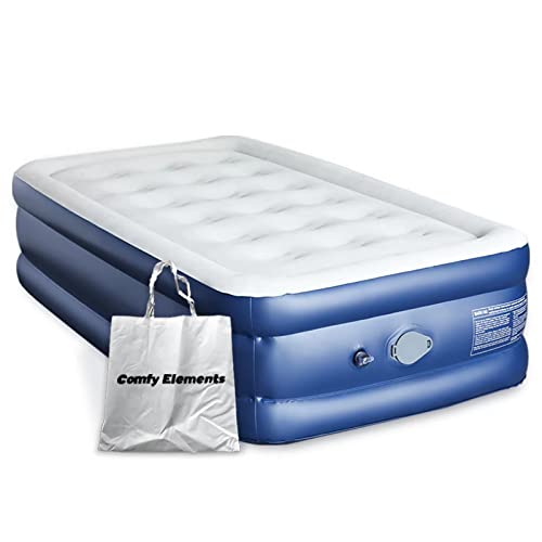 DREAMPUMP Comfy Elements Twin Size Air Mattress with Built-in Rechargeable Detachable Air Pump, 17”Thickness Camping AirBed Waterproof Blow Up Inflatable Air Bed for Camping, Home & Guests