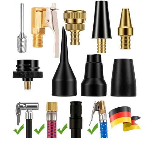 9-teiliges Druckluft-Kompressor-Düsen- und Adapter-Set – mit Ballnadel, Ausblaspistole, konischen Düsen, Messing- & Kunststoffadaptern – kompatibel mit Standard-Luftschläuchen und Reifenfüllgeräten