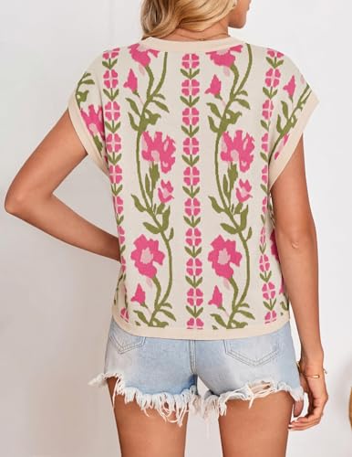 Image of ZESICA Women's Summer Trendy Knit Top 2026 Floral Print Short Sleeve Crewneck Loose Fit Sweater Vest Going Out Clothes