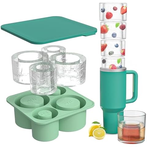 Ice Cube Tray for Stanley Cup, Silicone Ice Cube Maker With Lid,4 Pcs Hollow Cylinder Ice Cube Trays for 20-40oz Tumbler, for Chilling Whiskey, Cocktails, Drinks, Coffee, BPA Free (Green) Cover