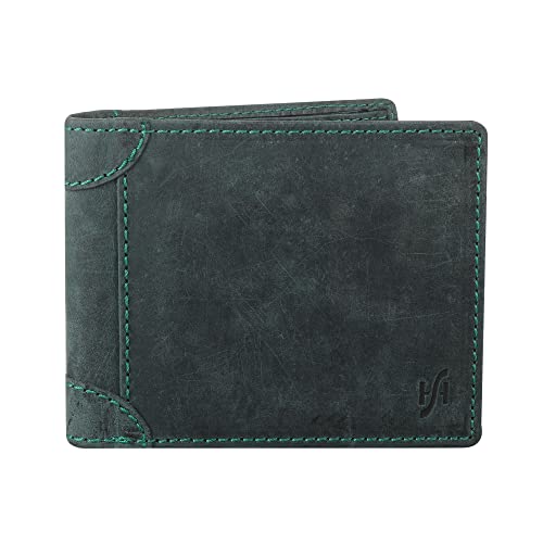 STARHIDE Men's RFID Blocking Genuine Distressed Hunter Leather Trifold Wallet Purse Credit Card Holder #1145 (Green)