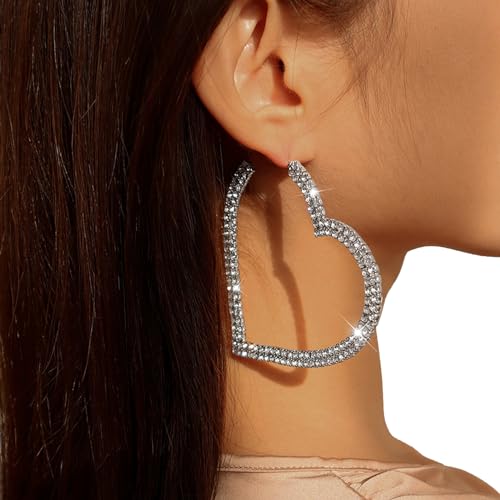 Luxury Crystal Large Hoop Dangle Earrings - Rhinestone Heart Statement Drop Earrings for Bridal Wedding Occasions2
