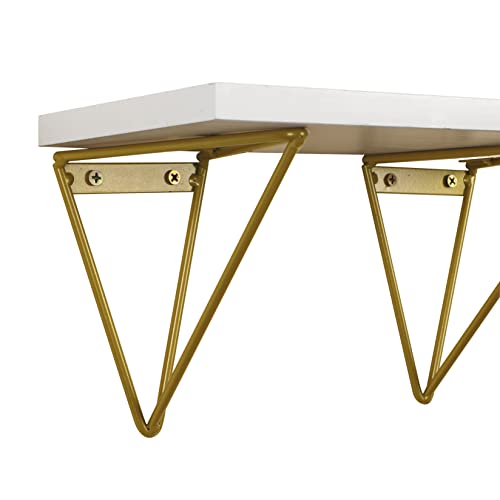 Fixwal 4 Set White Floating Shelves Wall Shelves , Shelves For Wall Decor, White Wall Shelves With Golden Metal Brackets For Bedroom, Living Room, Bathroom, Kitchen, Office Decor #TOP2