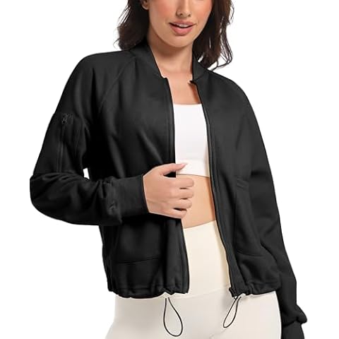 andy & natalie Lightweight Jacket Womens Zip Up Sweatshirt Bomber Collar Drawstring Fashion Casual Fall Jacket Trendy Coat Black Small Cover