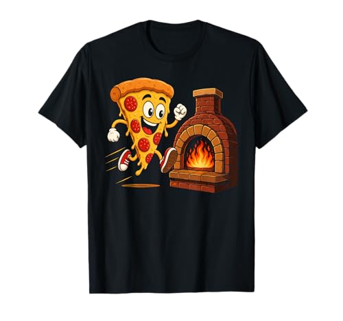 Cheesy Pizza Slice Running to Brick Oven Cartoon T-Shirt
