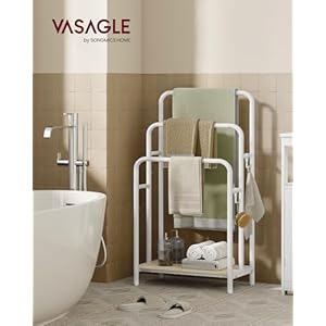 Vasagle freestanding towel rack 3 tier blanket holder with storage shelf 197 x 118 x 394 inches blanket rack 2 hooks for blankets bath towels cloud white and natural beige ulls009w01  urban country home decor