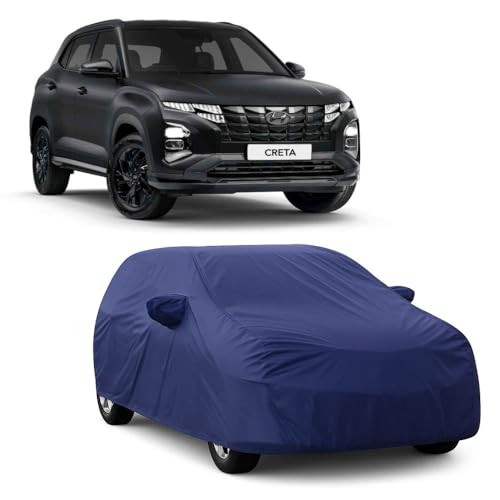 Image of Car Body Cover Compatible with Hyundai Creta | Water, Dust & UV Protection | Mirror Pockets | Elastic Grip | Triple Stitch Hyundai Creta Car Cover (Blue)