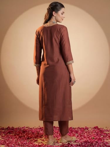 Image of INDO ERA Women's Silk Blend Embroidered Zari Work Straight Kurta & Pant Set | Cord Set For Women