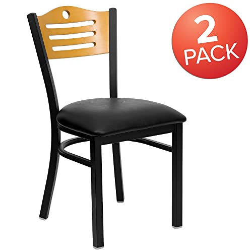 Image of Flash Furniture 2 Pack HERCULES Series Black Slat Back Metal Restaurant Chair - Natural Wood Back, Black Vinyl Seat