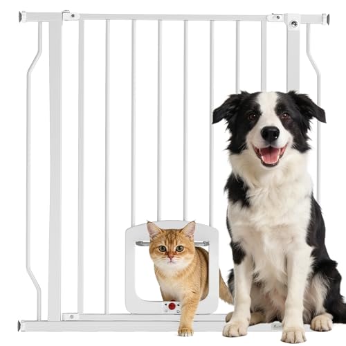 PawHut Treppenschutzgitter Türschutzgitter mit Katzenklappe Absperrgitter ohne Bohren 75-85 cm Schutzgitter aus Stahl für Hunde, Haustiere Treppen,...