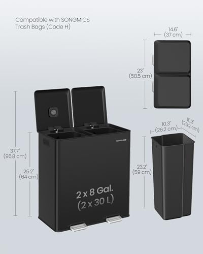 Image of SONGMICS Trash Can, 2 x 8 Gallon, Soft-Close Lids, Stainless Steel