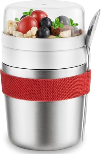 Wvu & Wvo Kubek na musli ze stali nierdzewnej, 500 ml + 220 ml, z łyżeczką, zabezpieczony przed wyciekiem i izolowany, nadaje się do płatków owsianych, jogurtów i innych produktów spożywczych