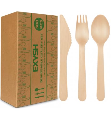 EXYSH 300 Pieces Wooden Disposable Cutlery Set Biodegradable & Eco-Friendly Premium Quality 100 Knives 100 Spoons 100 Forks Birch Wood for Parties Picnic Travel Office Indoor & Outdoor Use