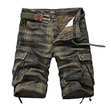 Men's Plaid Cargo Shorts Button Cool Multi-Pocket Straight Fast Dry Expandable Casual Fashion Outdoor Shorts (Army Green,30)