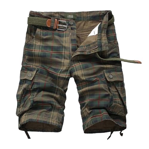 Men's Plaid Cargo Shorts Button Cool Multi-Pocket Straight Fast Dry Expandable Casual Fashion Outdoor Shorts (Army Green,30)
