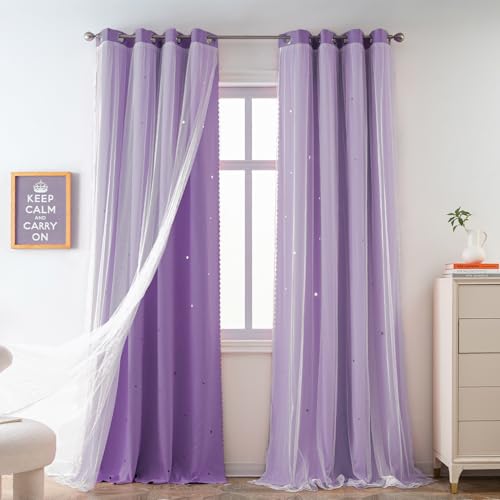 Image of Yancorp Purple Curtains for Bedroom Living Room Thermal Insulated Kids Curtain Hollow-Out Star Window Nursery Curtain 63 inches Length Room Darkening Grommet(Purple,52 * 63),1 Panel