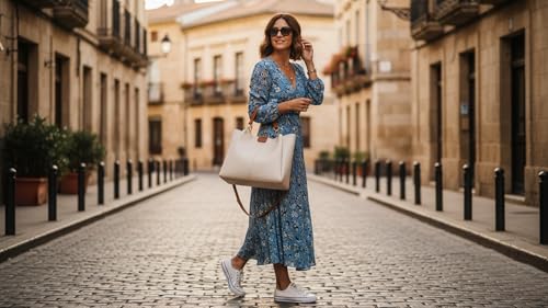 Image of KEALIN Women Stylish Cream Tote Bag with Double Chain Handles | Large Capacity Shoulder Handbag | PU Leather Office, Shopping & Travel Handbag for Women & Girls