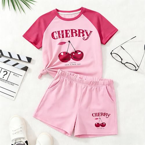 KIDLAGA Girls Two Piece Sets Cherry Pattern Short Sleeve Shirts and Shorts Set With Pockets Girls Summer Outfits Size 9-10 Years