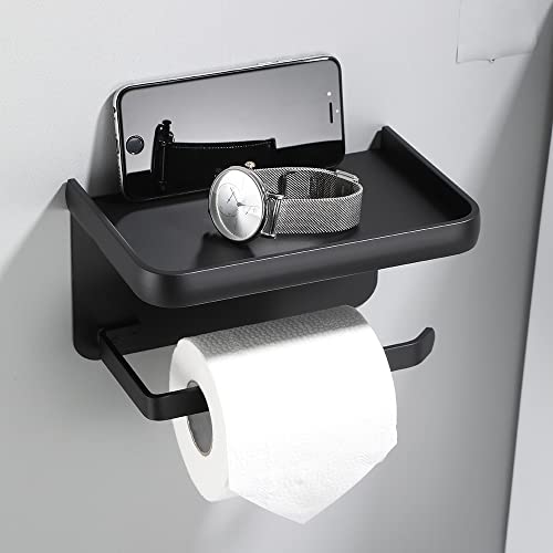 Wisada Portarrollos de Papel Higienico,Soporte de Papel de Baño para Montaje en Pared con Estante de Almacenamiento, ,sin Taladro Soporte Papel Pigienico Negro para Baño y Higiénico Cover