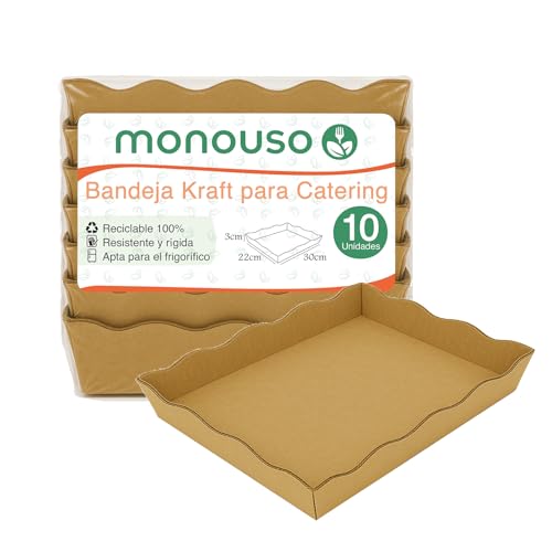 Monouso | 10 Bandejas de Cartón 26,5x19,8x3cm Kraft, Bandeja Rectangular, Desechables, Base para repostería, Catering, Eventos, Pastelería, Aperitivos, Tapas