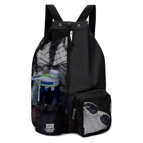 swim bags-mesh backpack Beach Backpack with Wet Pocket Drawstring Mesh Beach Bag Waterproof Swimming Pool and Workout Gear (black)