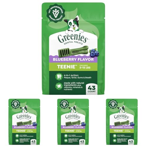 Image of Greenies Dog Treats Veterinarian-Recommended Natural Dental Treats for Dogs, Teenie Size, Blueberry Flavor, 12 oz. 43 Count (Pack of 4)
