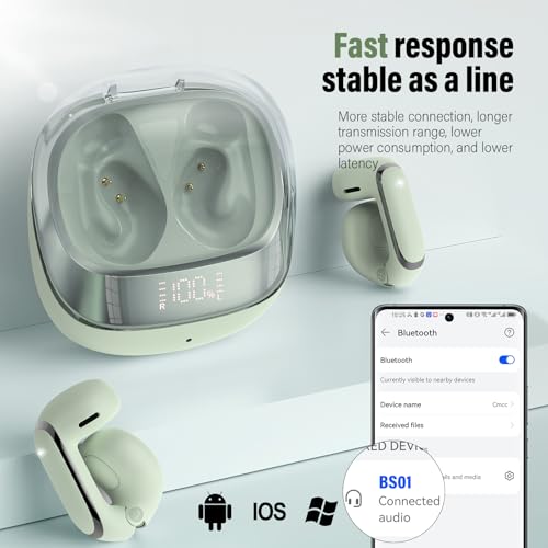 Image of Clip On Ear buds, Open Ear Headphones, Bluetooth 5.4 HiFi Stereo Clip Earbuds, 42H, LED Display Wireless EarBuds, Comfortable Lightweight, IP7 Waterproof Earphones, Earbud for Workout Running, Green