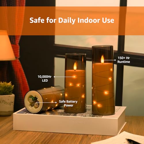 Image of Amazon Basics LED Flameless Candles with String Light Effect Set of 5 (2 Pcs of 5.5x14 cm , 5.5x16, 5.5x18cm, 5.5x20 CM), Grey Acrylic material, Ivory Pillars, Steady Warm Light, Remote & Timer, Battery Operated Indoor Decor